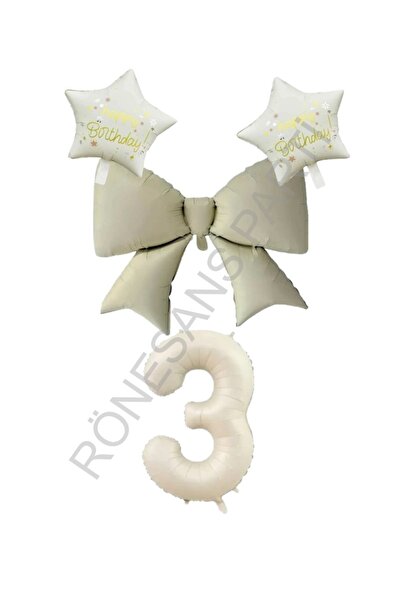 RÖNESANS PARTİ Cream Color Star Bow Number Foil Balloon Set 2 Years Old