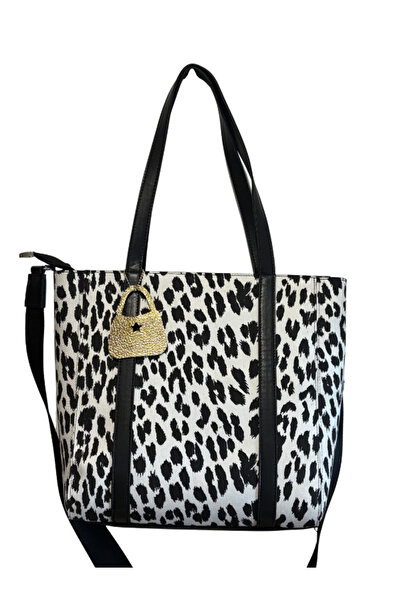 Pinkylola Balet Model Siyah Beyaz Leopar denim ,Siyah Sap Detaylı suni deri Omuz Çantası(ASTARSIZ)