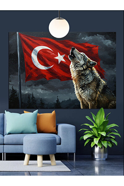 karizmart Türk Bayrağı Önünde Kurt Dekoratif Kanvas - Mdf Ahşap Tablo