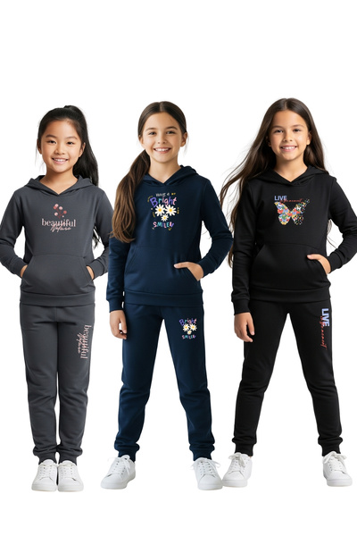 FYK COLLECTİON 3-Piece Girls' Hooded Kangaroo Pocket Printed Tracksuit Set