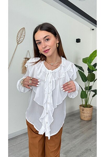 modadagiyim Women's Shirred and Sleeve Detailed Ruffled Tie-Up Chiffon Shirt