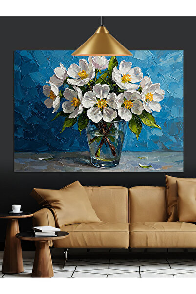 KanvasSepeti Flori albe în vază Pictură decorativă în ulei Texturată Pânză de înaltă calitate Pictură pe pânză 140 x 100 cm