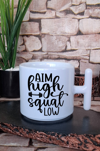 giftkonsept Aim High Squat Low Written Gym Sports Squat Gift Printed t Latte Cup Mug with Handle