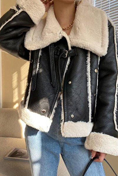 Neşeli Butik palton de piele de căprioară cu detalii de pluș negru pentru fem...