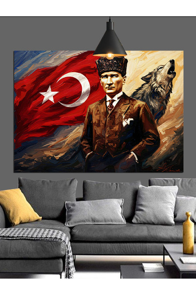KanvasSepeti Atatürk în fața steagului turcesc Pictură în ulei Texturată Pânz...