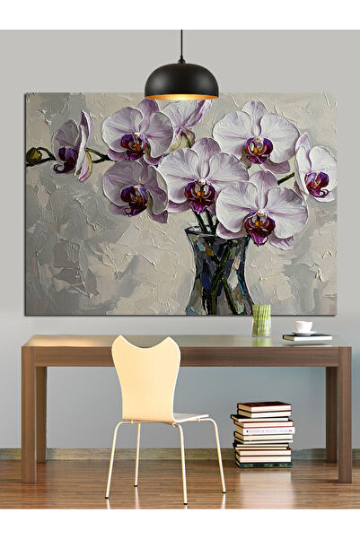 KanvasSepeti Flori de orhidee albe Pictură în ulei decorativă Texturată Pânză de înaltă calitate Pictură pe pânză 140 x 70 cm