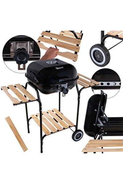 GEKO Grătar pe cărbune cu capac reglabil, măsuțe laterale din lemn, 40 x 40 cm, G80513