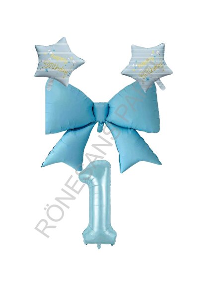 RÖNESANS PARTİ Blue Color Star Bow Number Foil Balloon Set 1 Year Old