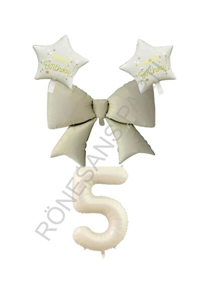 RÖNESANS PARTİ Cream Color Star Bow Number Foil Balloon Set Age 4