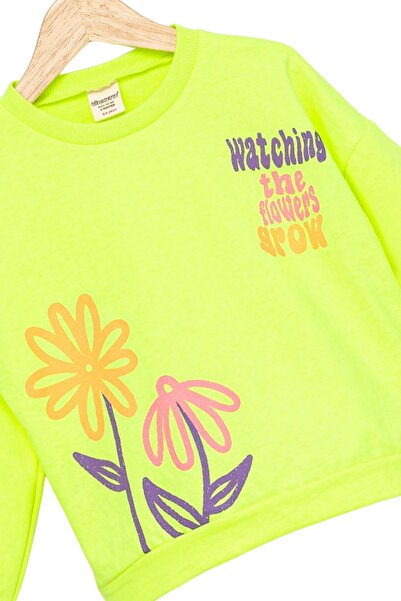 Divonette Girl's Sweatshirt Highlighter Green Long Sleeve Children's Sweatshirt with Lettering and Floral Pattern