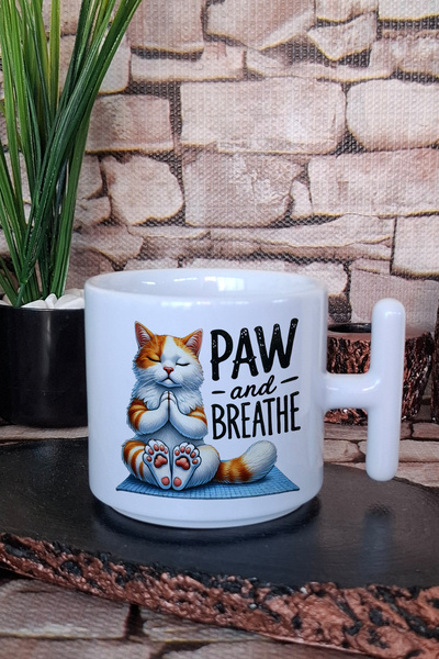 giftkonsept Paw and Breathe Printed Cat Yoga Meditation Gift Printed t Latte Cup Mug with Handle