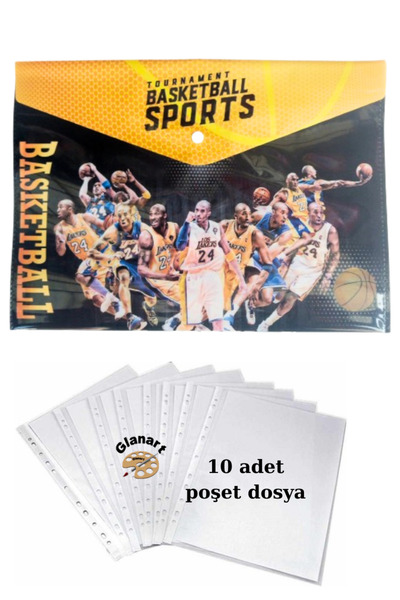 Glanart a4 boy çıt çıt ödev dosyası +10' lu poşet dosya basketbool