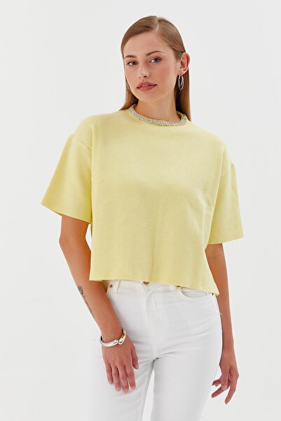 Shopping Shop Yakası Taşlı Kısa Kol Triko Kazak SARI