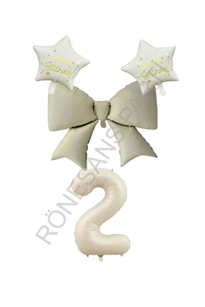 RÖNESANS PARTİ Cream Color Star Bow Number Foil Balloon Set 1 Year Old
