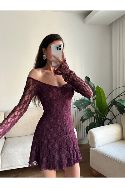 Zoom Butik Madonna Yaka Dantel Astarlı Elbise - MOR