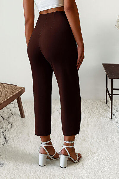 Deafox Brown Women's High Waist Slim Fit Zippered Crepe Fabric Pants