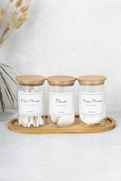 DNS HOME Набір з 3 бамбукових кришок, бамбуковий підставку, бавовняний набір, борисилікатне скло, контейнер для зберігання, органайзер для ванної кімнати, 250 мл