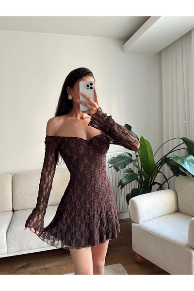 Zoom Butik Madonna Yaka Dantel Astarlı Elbise - KAHVE