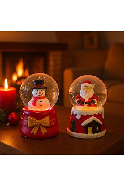 BiTon Toptan 2 Adet Led Işıklı Mini Kar Küresi 6,5 cm – Noel Baba & Kardan Adam Dekoratif Işıklı Biblo