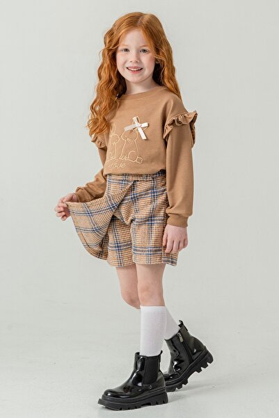 Cansın Mini Brown Girl's Rabbit Embroidered Plaid Pattern Shorts Skirt 2-Piece Set 21538