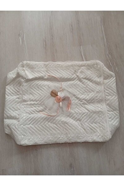 teknotrust 2'li Şase Bohça Hurç, Simli Keten, Püsküllü, 20x50, Lüx, Güllü Motif, Ekru