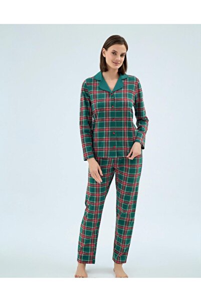 Sevim 17082 طقم بيجامة من القطن الممشط منقوش باللونين الأخضر والأحمر