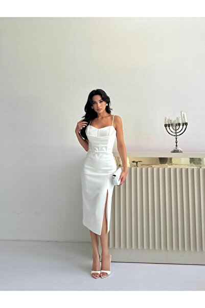 Serica Moda Beyaz İnce Askılı Drape Detaylı Midi Abiye Elbise