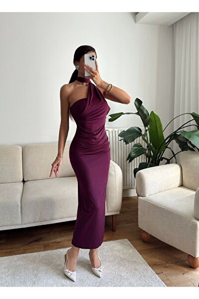 Zoom Butik Boyun Bağlamalı Drapeli Elbise - MOR