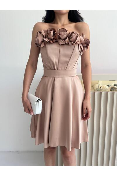 Serica Moda Bej Straplez Mini Saten Abiye Elbise