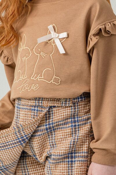 Cansın Mini Brown Girl's Rabbit Embroidered Plaid Pattern Shorts Skirt 2-Piece Set 21538