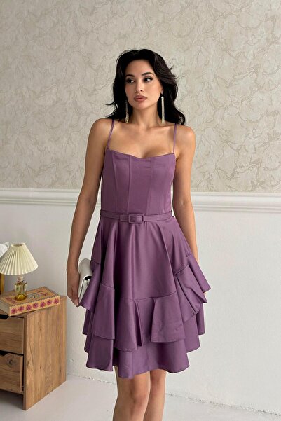 Serica Moda Lilac Thin Strap Flounce Belt Detailed Evening Dress