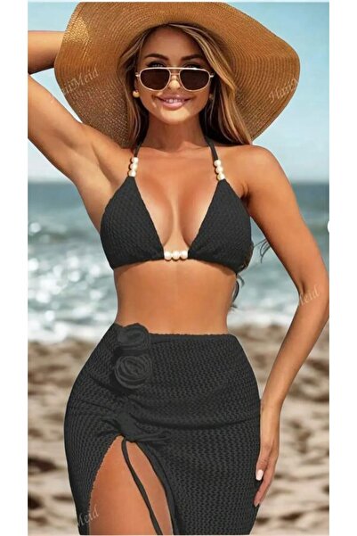 Nita Giyim Kadın Siyah 3 Parçalı İp Bağlamalı İnci Aksesuarlı Eteği Büzgülü G...