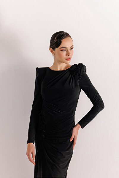 Kenzel Sırt Dekolteli Çiçek Detaylı Yırtmaçlı Balık Elbise