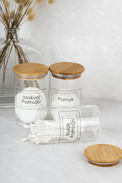 DNS HOME Набір з 3 бамбукових ватних дискет з прозорою етикеткою та боросилікатним скляним контейнером для зберігання 250 мл