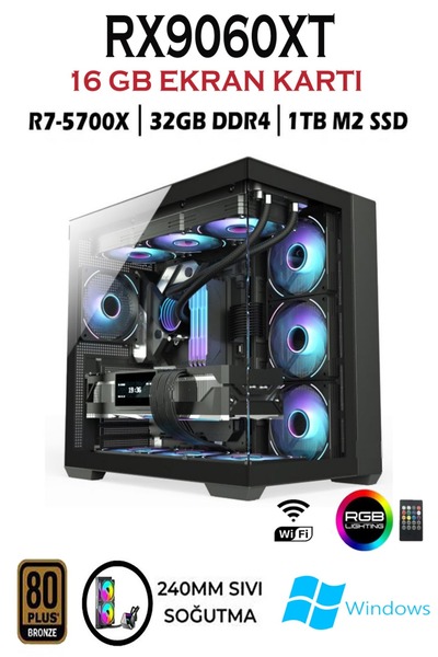 Apphirex TCX90 Ryzen 7 5700X 32GB 1TB M.2 SSD RX9060XT 16GB Sıvı Soğutmalı Masaüstü Oyuncu Bilgisayarı