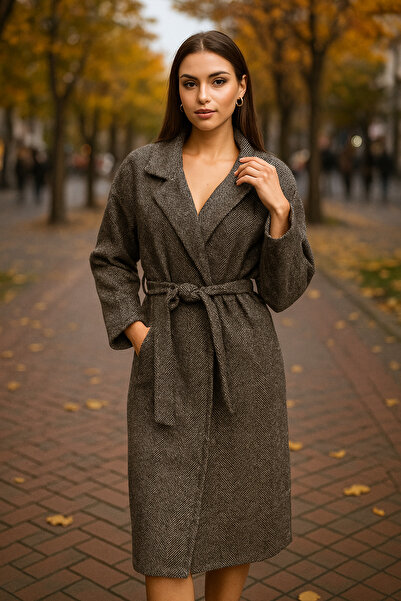 Ceylen Kușaklı Düz Kesim Kaşe Kaban