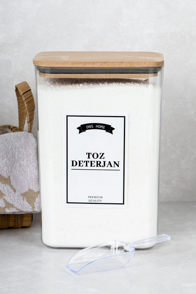 DNS HOME Wooden Vacuum Lid Dust Detergent Storage Container with Label and Scale Gift Detergent Dispenser 3 Lt