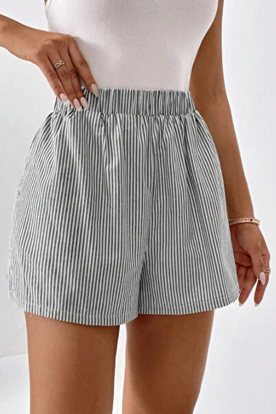 The Champ Clothing Women's Comfortable Fit Elastic Waist Side Slit Summer Poplin Sports Shorts – Gray, Striped, with Pockets