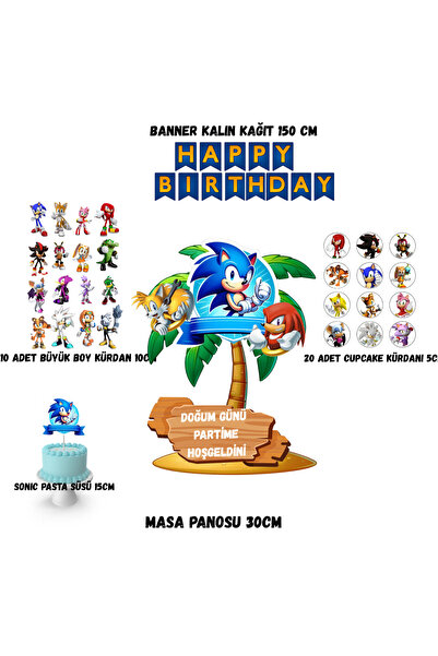 abjad Sonic Temalı Doğum Günü Süs Seti ve Masa Üstü Pasta Maketi