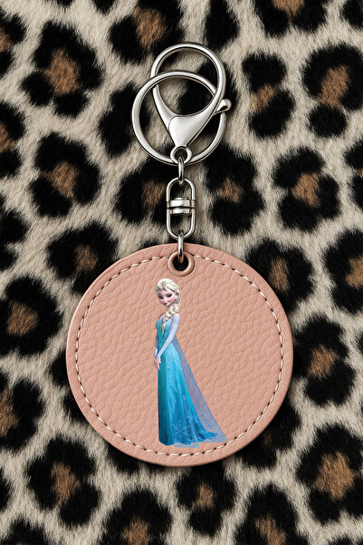 Cekuonline سلسلة مفاتيح جلدية قابلة للتجميع مع نقش مطبوع بتصميم مرح ولون وردي فاتح: إلسا