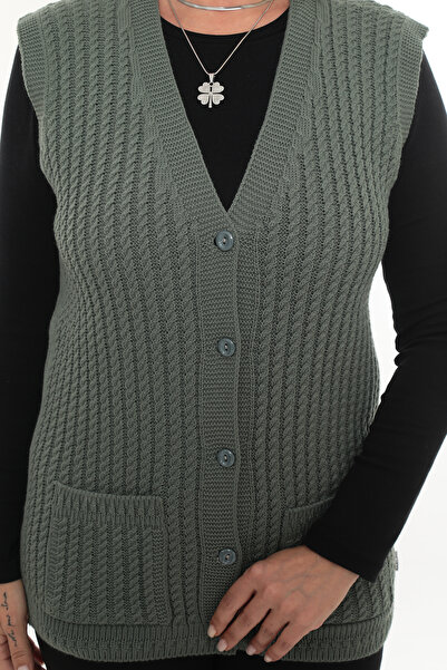 İKSUN Жіночий светр з V-подібним вирізом, зимовий, з товстої вовни, з плетеним візерунком, на ґудзиках, з кишенями, для мам