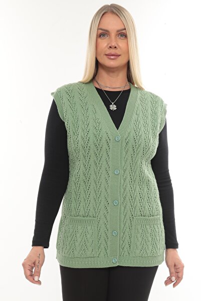 İKSUN Women's V-Neck Thick Wool Goose Feet Patterned Knitwear Buttoned Pocketed Mother Vest