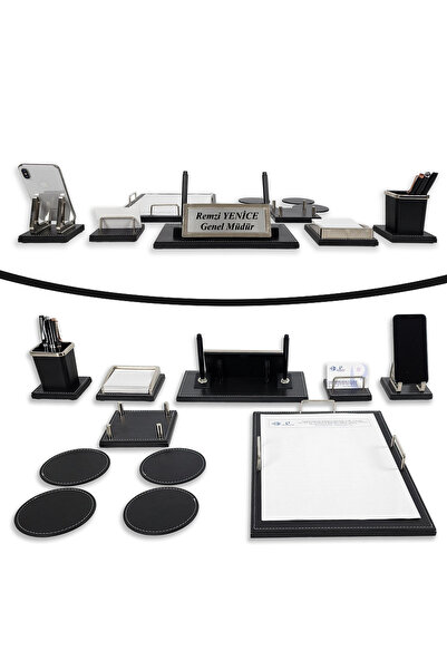 prozenis Truva Krom Detaylı Lüks Ofis Masaüstü İsimlik Seti – 7 Parça Ahşap D...