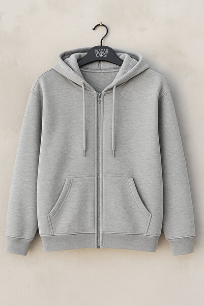 nacar çarşı Unisex Gray 2 Thread Compact Combed Cotton Lycra Zippered Hooded ...