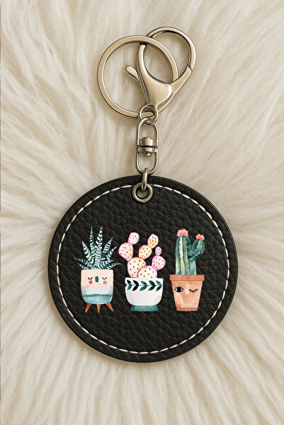 Cekuonline سلسلة مفاتيح جلدية للجنسين للرجال/النساء مطبوعة بطباعة مرحة باللون الأسود: حديقة الصبار