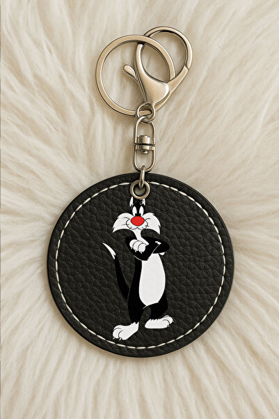 Cekuonline سلسلة مفاتيح جلدية للجنسين للرجال/النساء مطبوعة بطباعة مرحة باللون الأسود مع خطاف: نمط سليفستر