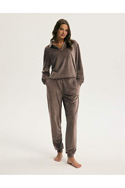 ESOTIQ Set de două piese din velur pentru femei, pantaloni de trening și bluz...