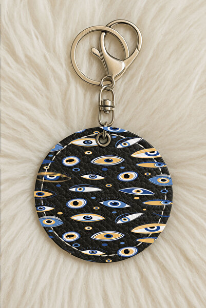 Cekuonline سلسلة مفاتيح جلدية للجنسين مطبوعة بتصميم مرحة مع خطاف باللون الأسود: حماية من العين الشريرة