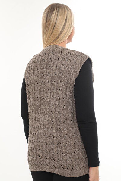 İKSUN Kadın V Yaka Kışlık Kalın Yün Zincir Modelli Triko Düğmeli Cepli Anne Yelek