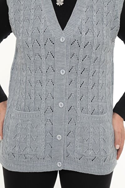 İKSUN Women's V-Neck Winter Thick Wool Chain Modeled Knitwear Buttoned Pocket Mother Vest